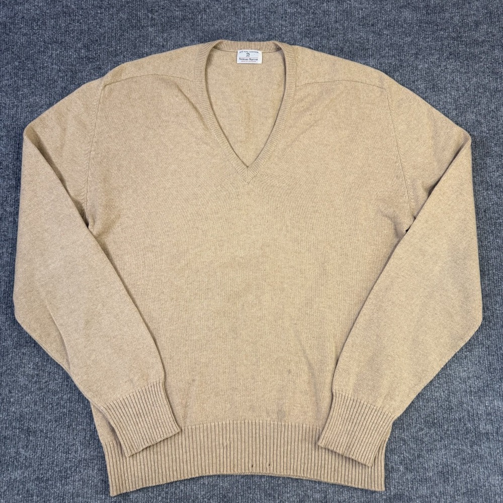 Vintage Neiman Marcus Sweater Men Large Beige 100% Cashmere V Neck Scotland Made